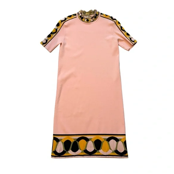 Emilio Pucci Knit Short Sleeve Mock Neck Dress with Geometric Border Trim, Sz XS - Picture 11 of 16